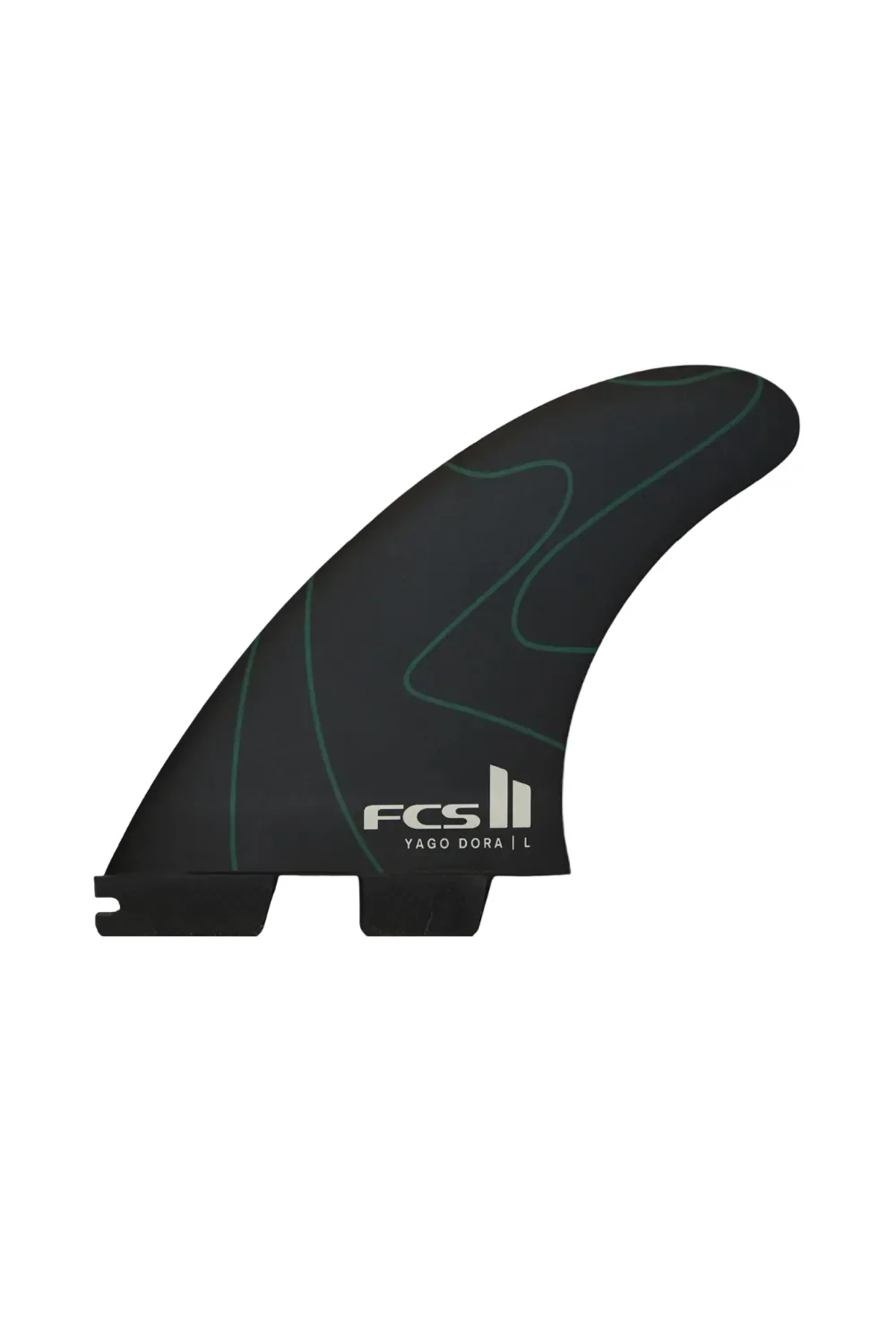 FCS II Yago Dora PC Tri Surfboard Fin Set Green/Black - Image 2