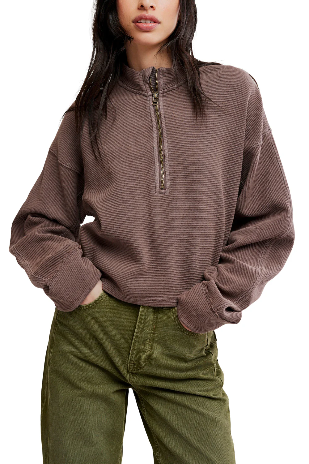Free People Celeste Womens Quarter Zip Pullover Mochachinno