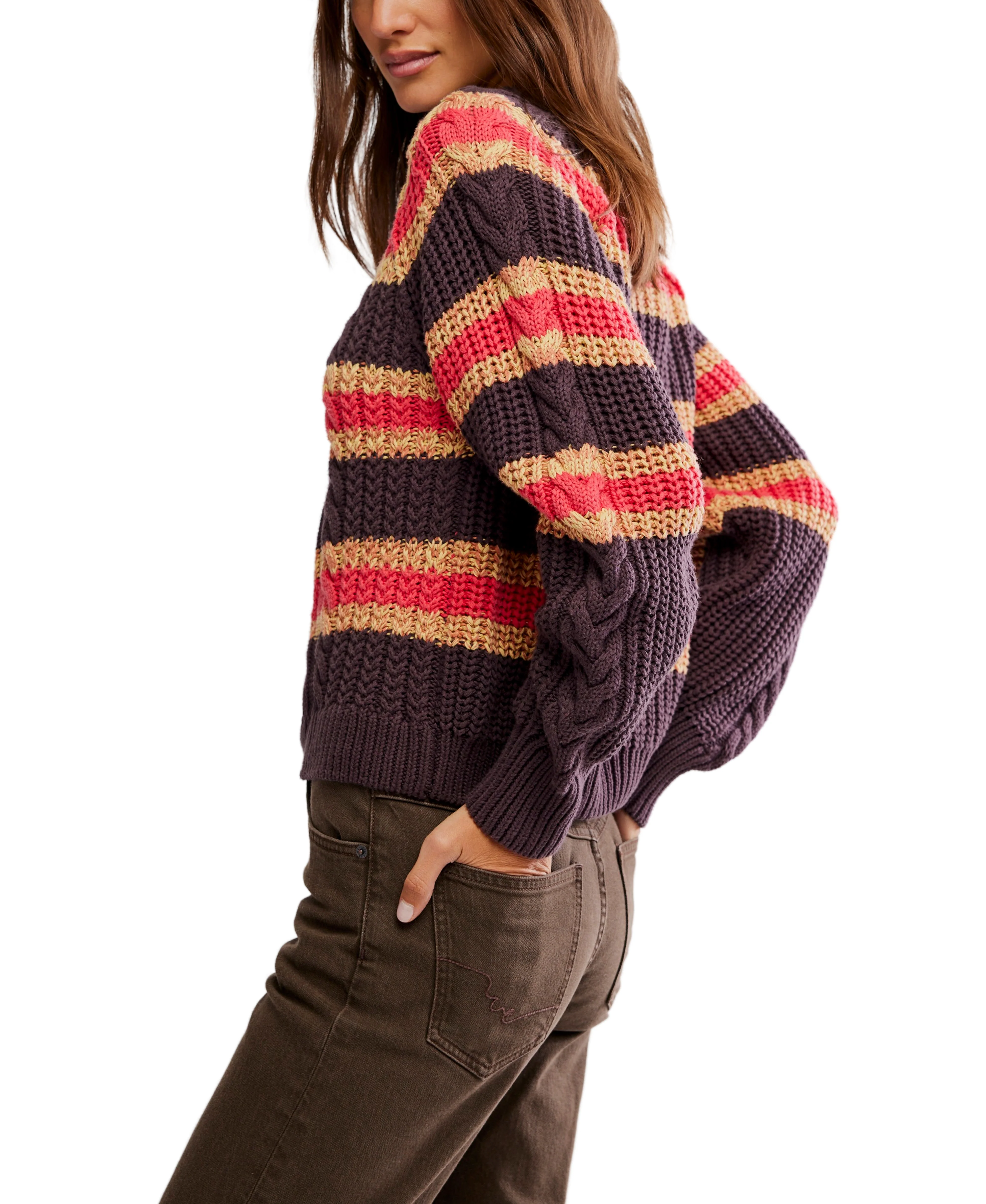 Free People Frankie Cable Striped Pullover Chocolate Combo - Image 3