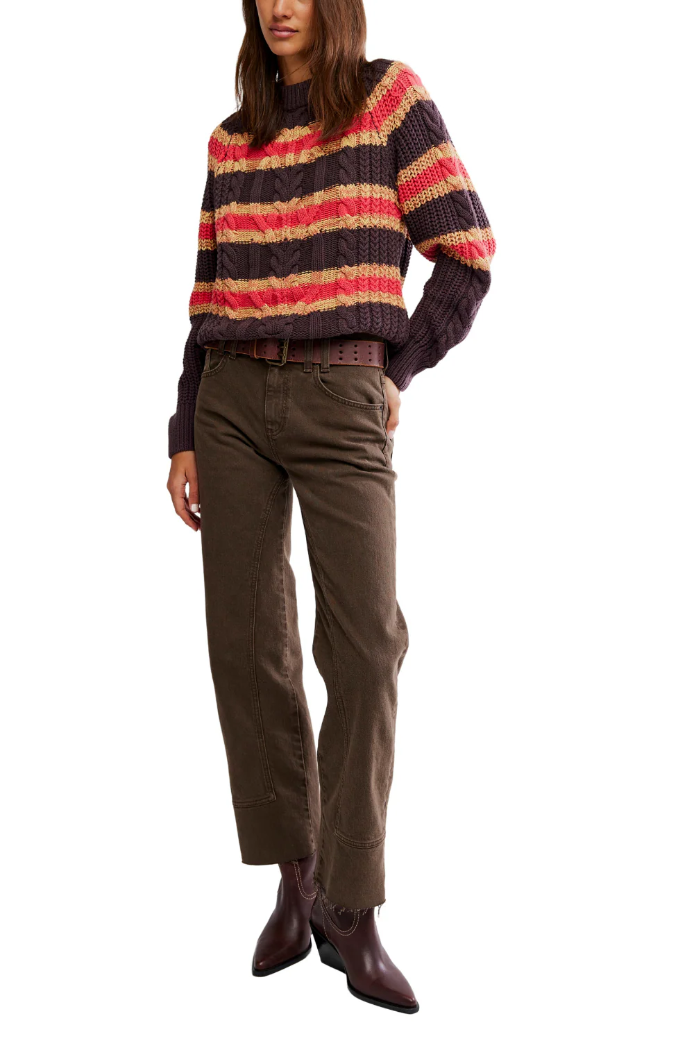 Free People Frankie Cable Striped Pullover Chocolate Combo - Image 5