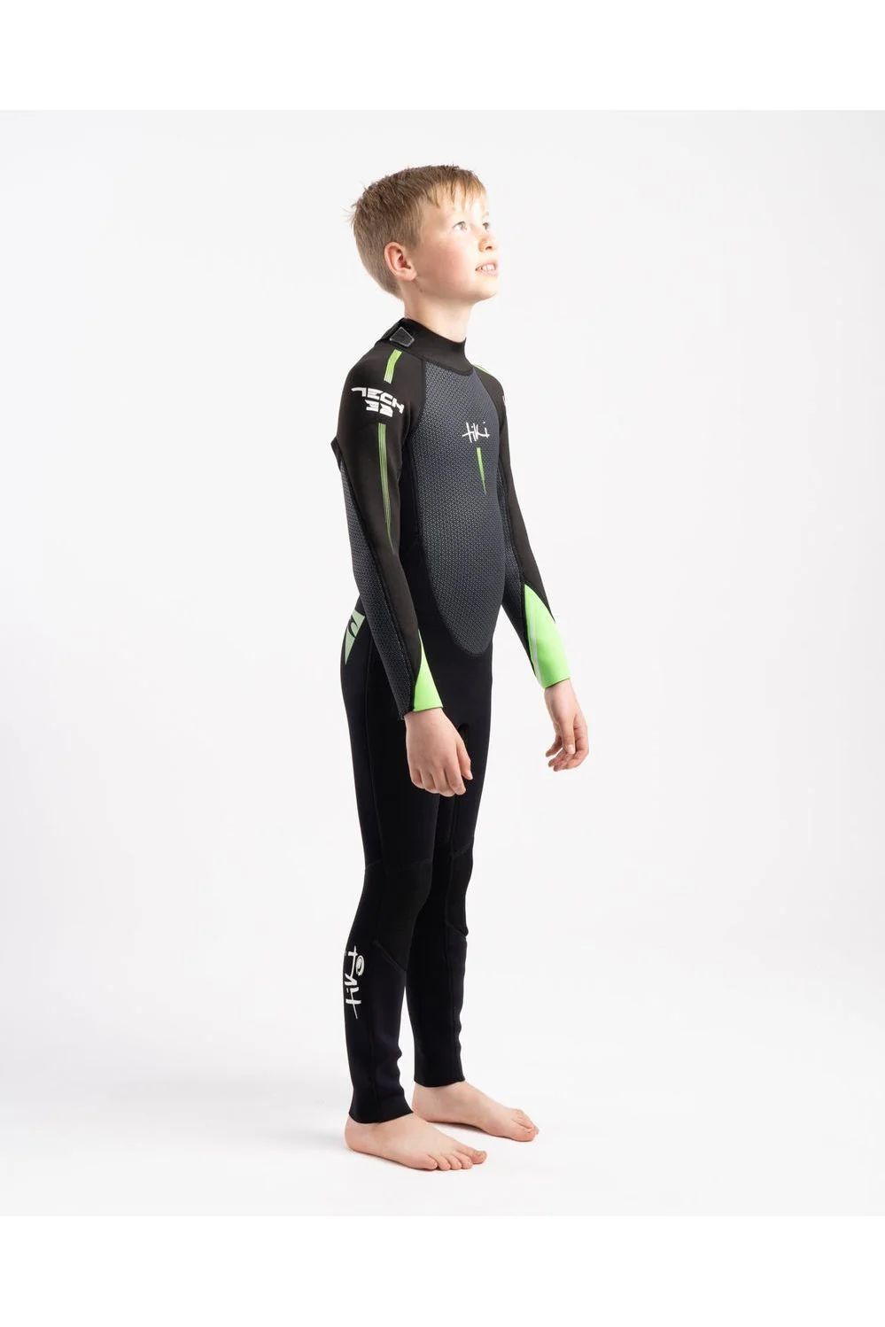 Tiki Tech Junior 3/2 Wetsuit With Back Zip in Black & Green - Image 2