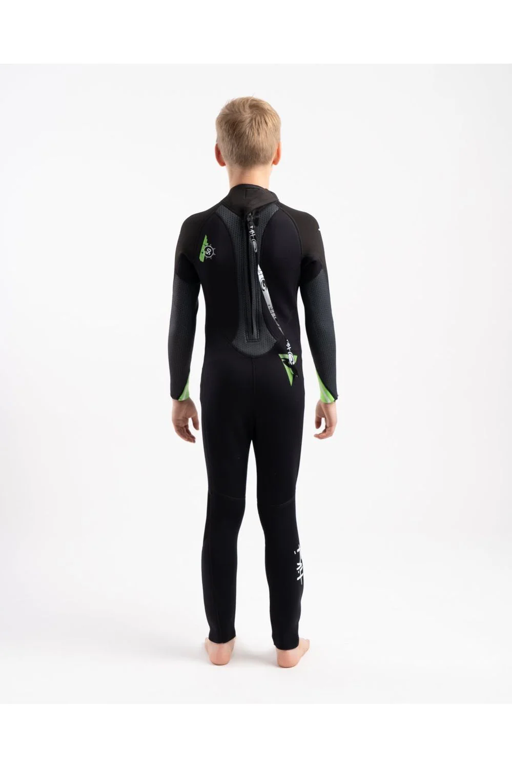 Tiki Tech Junior 3/2 Wetsuit With Back Zip in Black & Green - Image 3