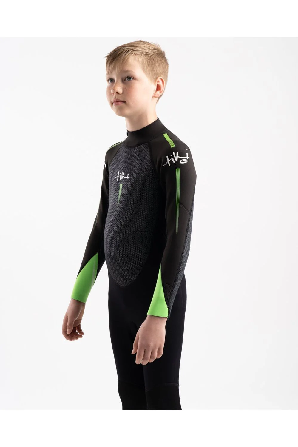 Tiki Tech Junior 3/2 Wetsuit With Back Zip in Black & Green - Image 6