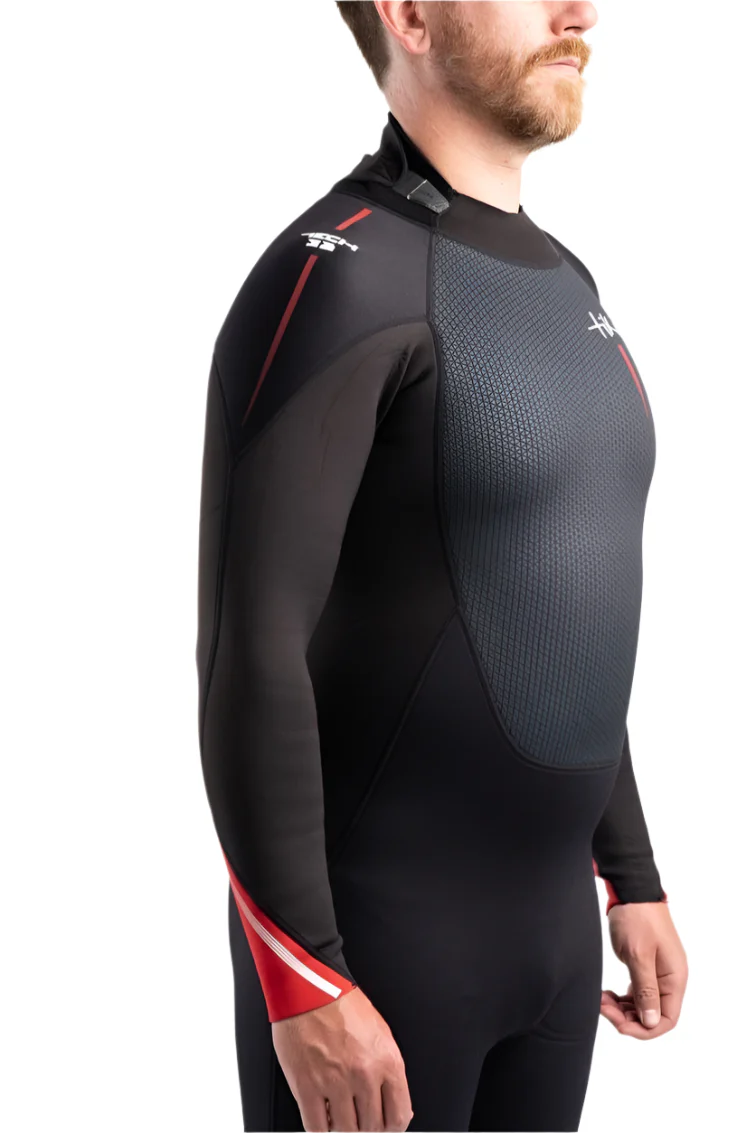 Tech Mens 3/2 Steamer Wetsuit Back Zip In Black/Red - Image 8