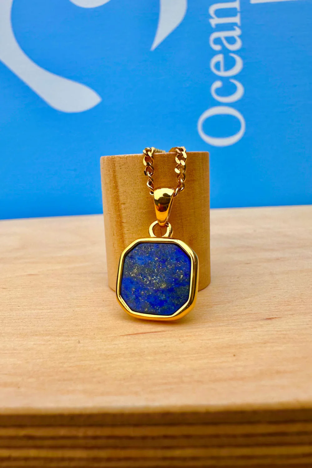 Ocean Jewel Lapis Lazuli Stone Pendant Necklace Gold