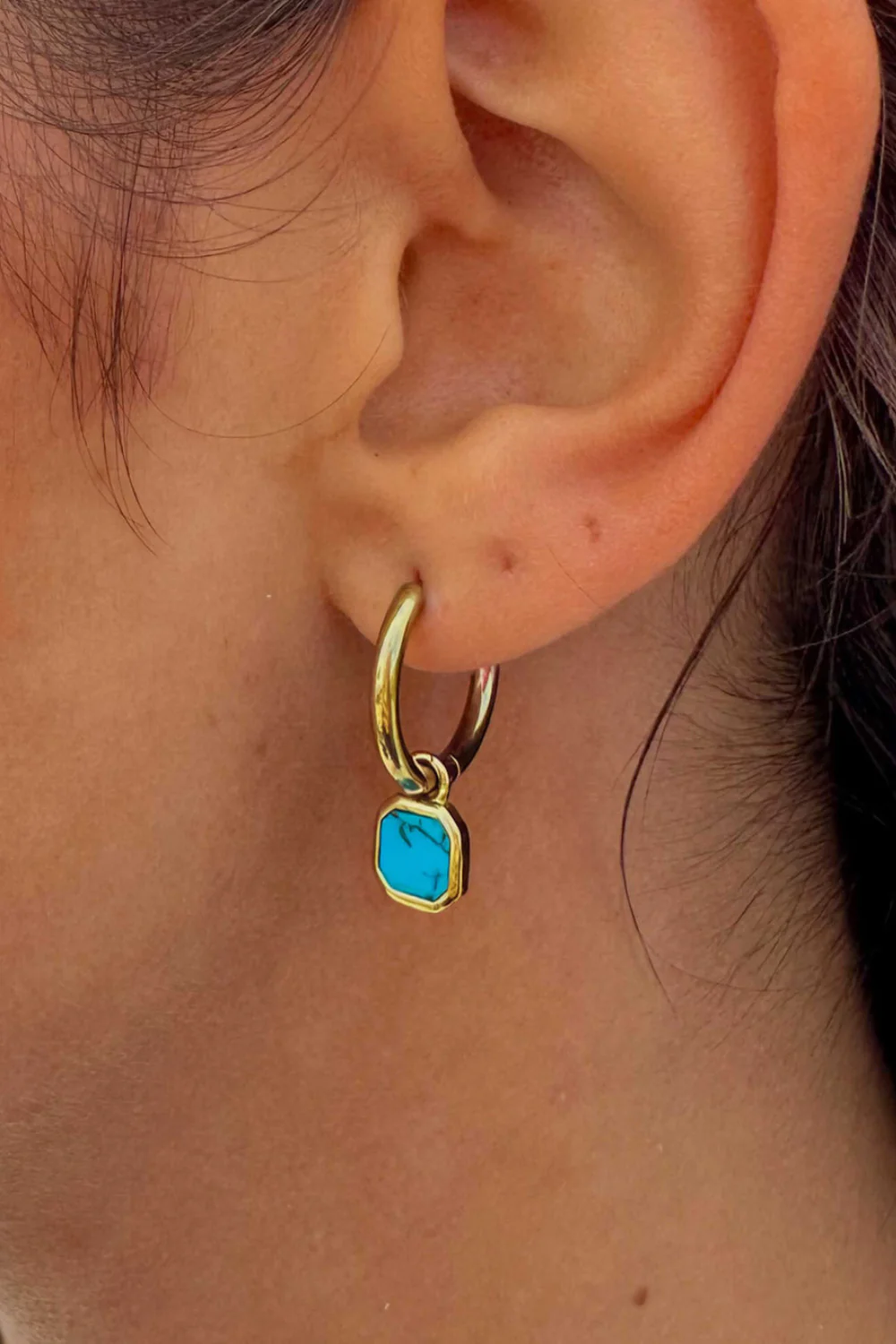 Ocean Jewel Mini Turquoise Stone Hoop Earrings Gold - Image 2