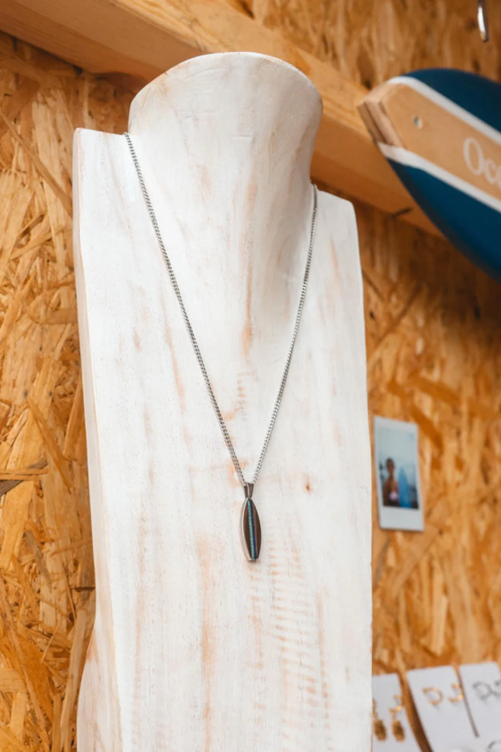 Ocean Jewel Crushed Stone Pinstripe Surfboard Pendant Necklace Silver - Image 3
