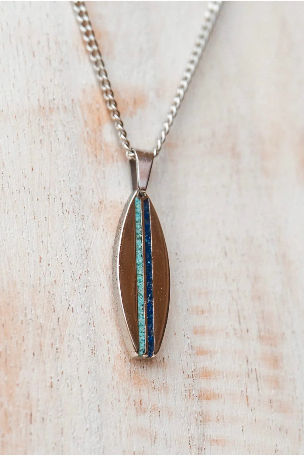 Ocean Jewel Crushed Stone Pinstripe Surfboard Pendant Necklace Silver - Image 4