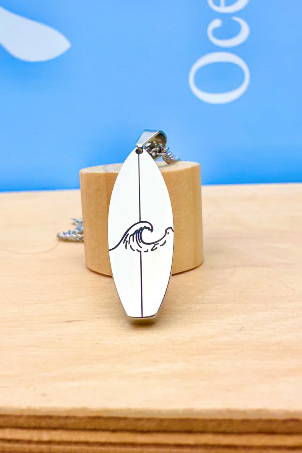 Ocean Jewel Wave Surfboard Pendant Necklace Silver