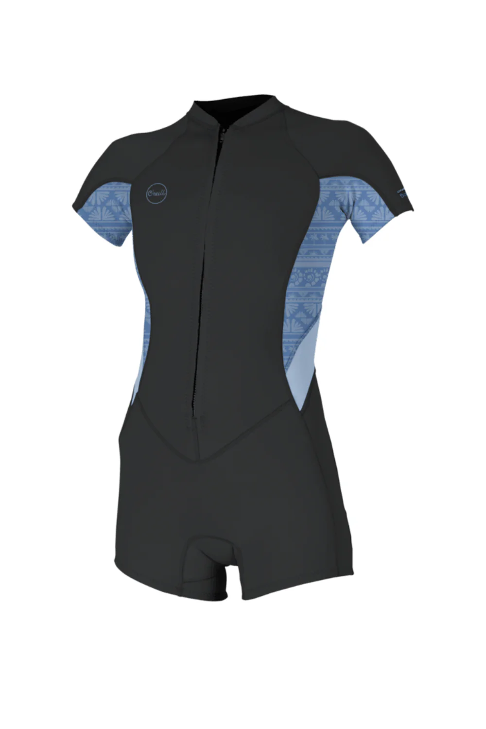 O'Neill Bahia 2/1mm Womens Spring Wetsuit Short Sleeve Front Zip Tempered Steel/Surf Abstract/Chambray Blue