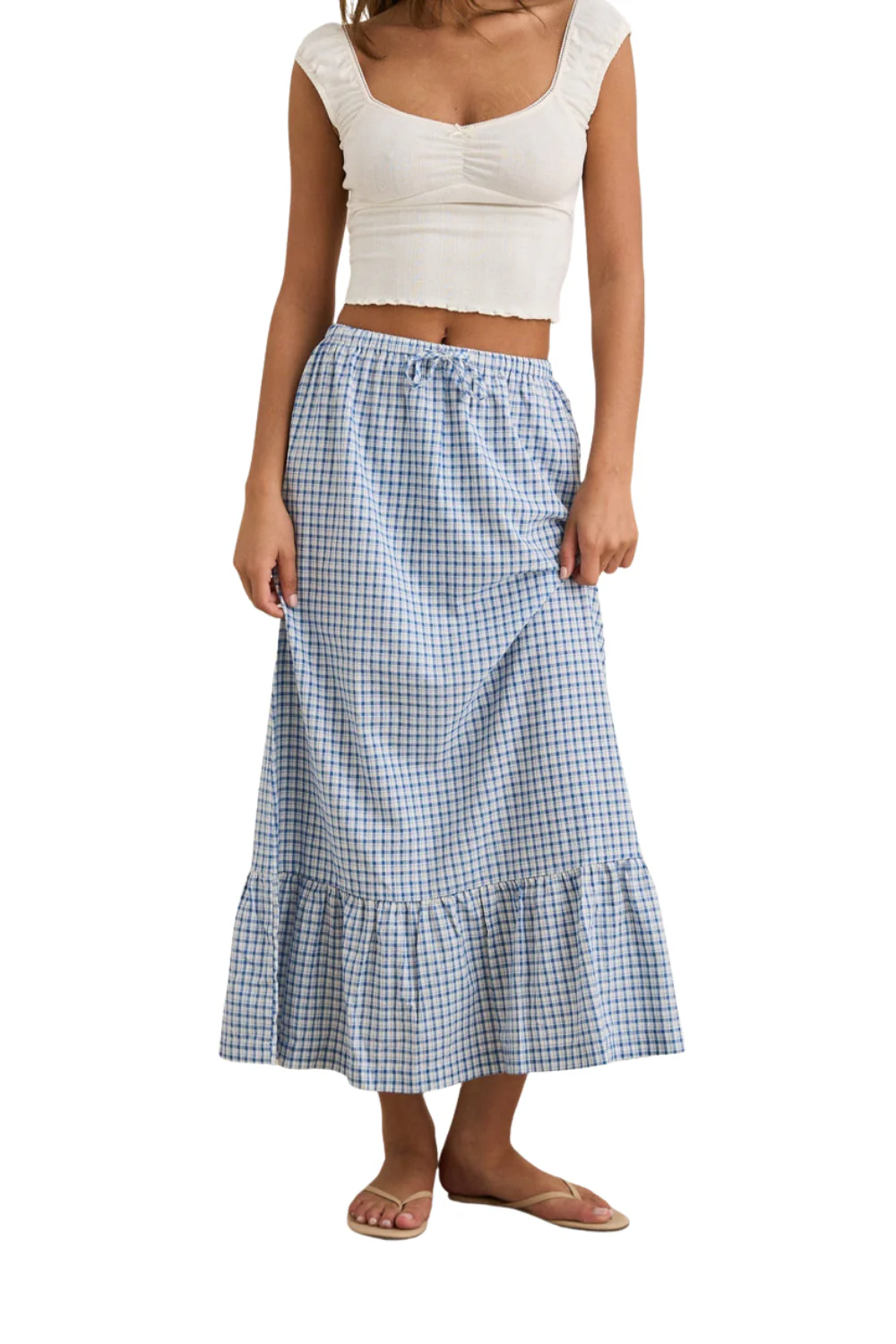 Rhythm Lola Womens Check Tiered Maxi Skirt Blue