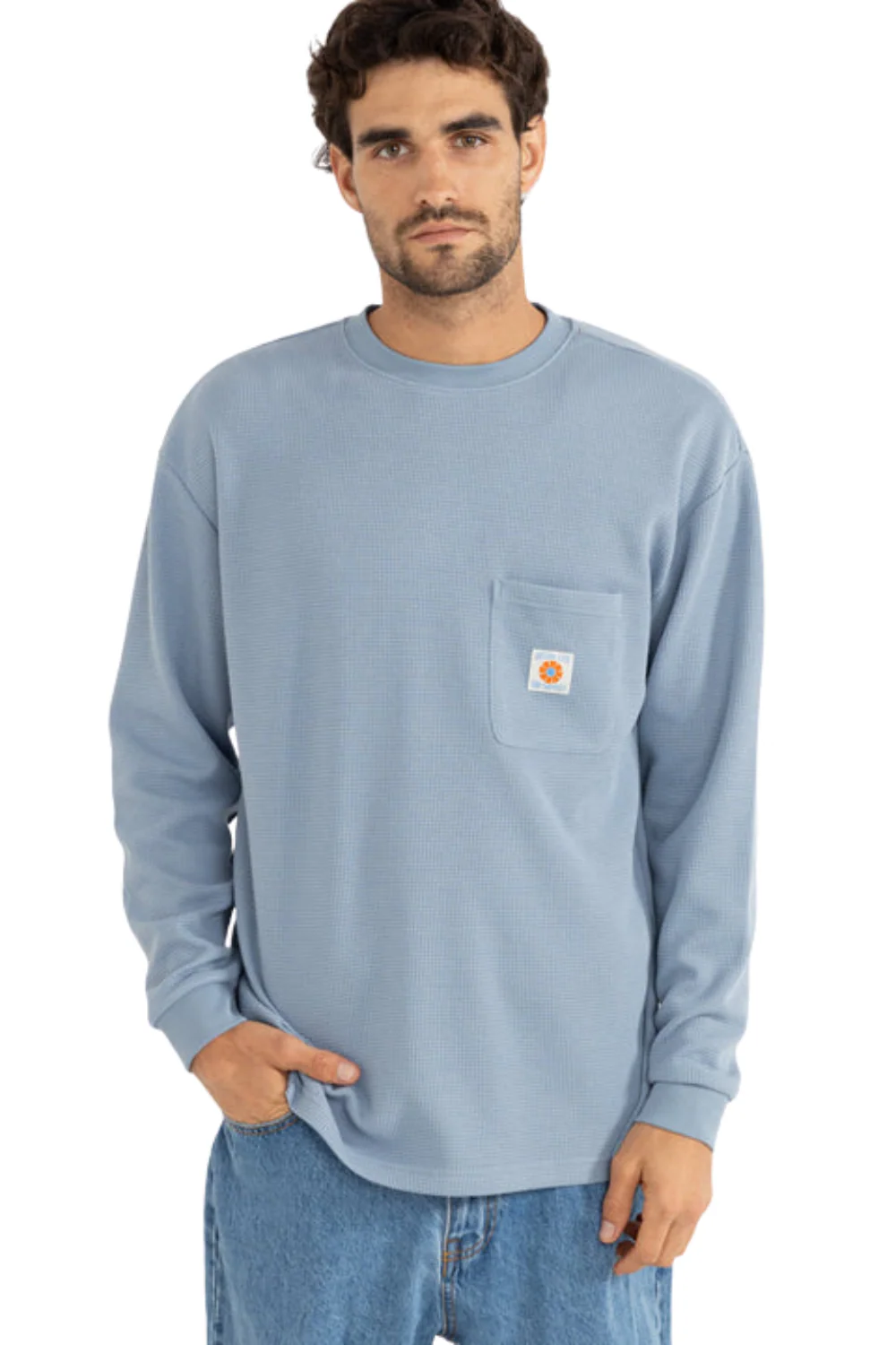 Rhythm Vintage Pocket Waffle Knit Long Sleeve T-Shirt Slate - Image 2