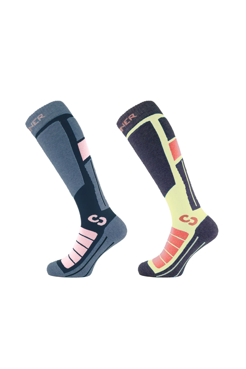 Sinner Womens Pro Ski Socks Double Pack Pink/Yellow