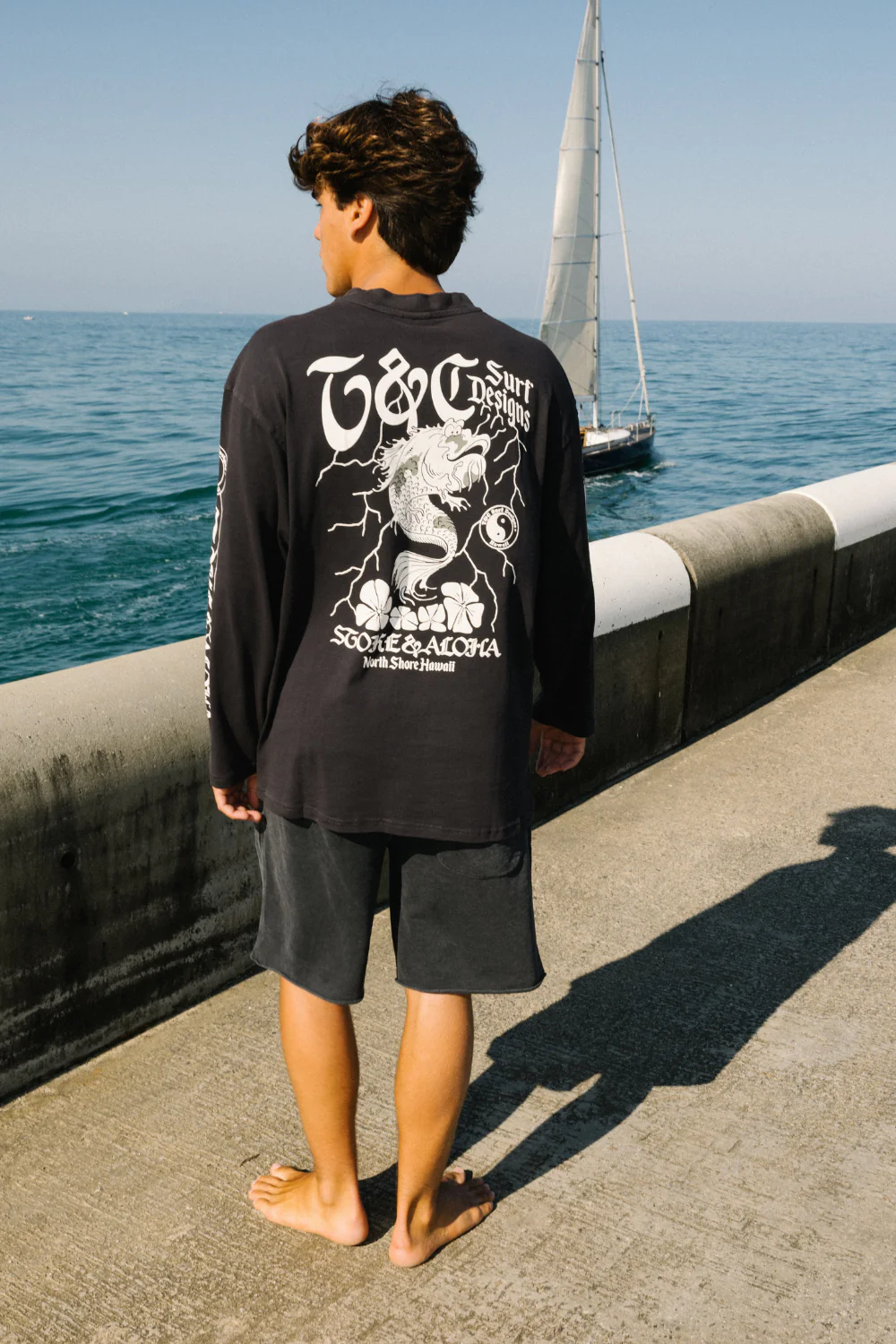 T&C Surf Designs Koï Lightning Mens Long Sleeve T-Shirt Fatigue Black - Image 2