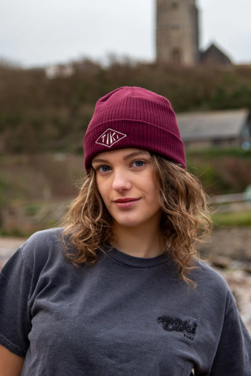 Tiki Diamond Knit Beanie Burgundy - Image 2