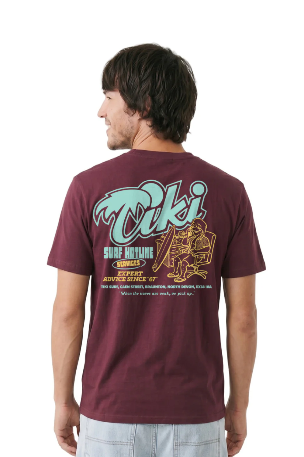 Tiki Surf Hotline Mens T-Shirt Stone Wash Burgundy